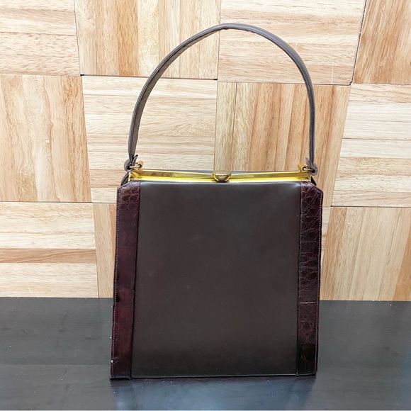 Vintage Sydney of California Brown Croc Leather Trim Top Handle Clutch Handbag - Picture 3 of 16